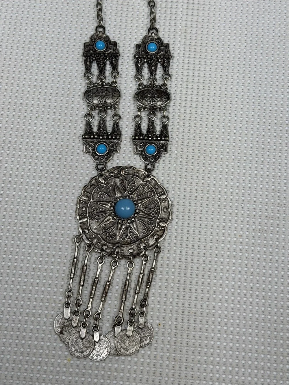 Faux Turquoise Silver-Tone Boho Medallion Native American inspired Bold Necklace